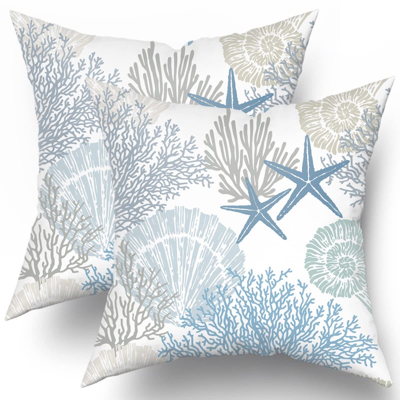 Sweetshow Nautical Coastal Throw Pillow Covers 18x18 Inch Summer Ocean Themed Seashell Coral Starfish Pillow Cases Set of 2 Soft Cotton Square Cushion Covers for Home Couch Sofa Patio Bedroom - Image 1